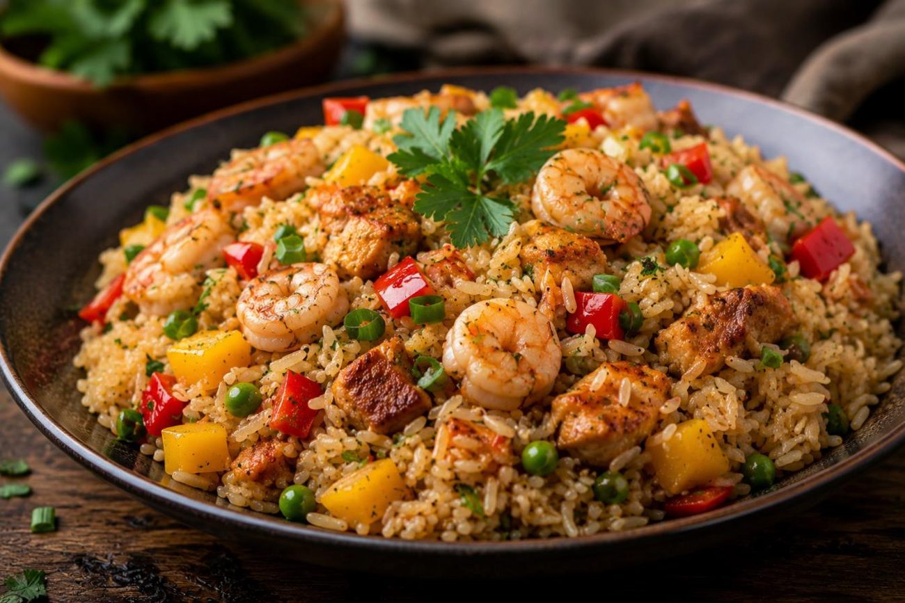 Arroz con camarones preparado en clase de cocina