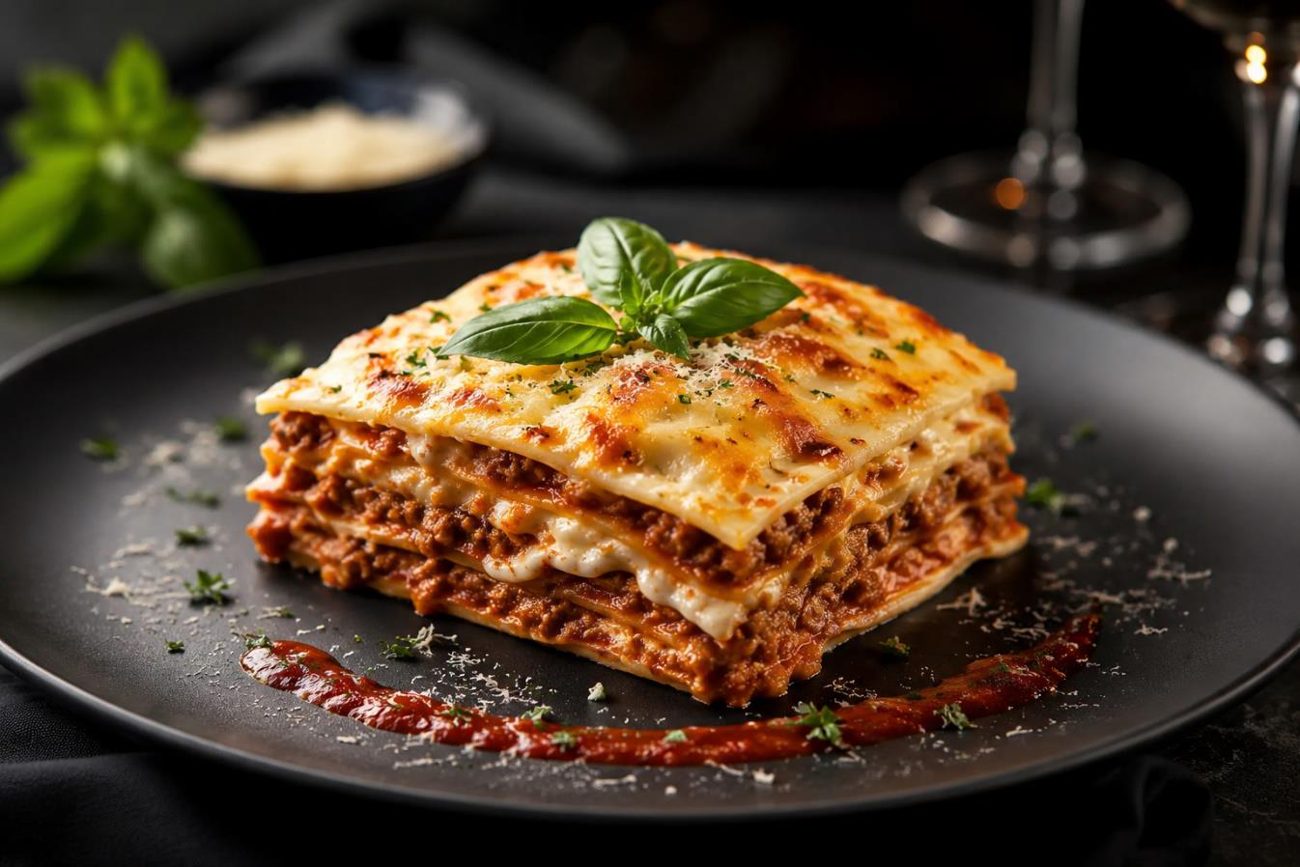 Lasaña gourmet preparada con utensilios premium