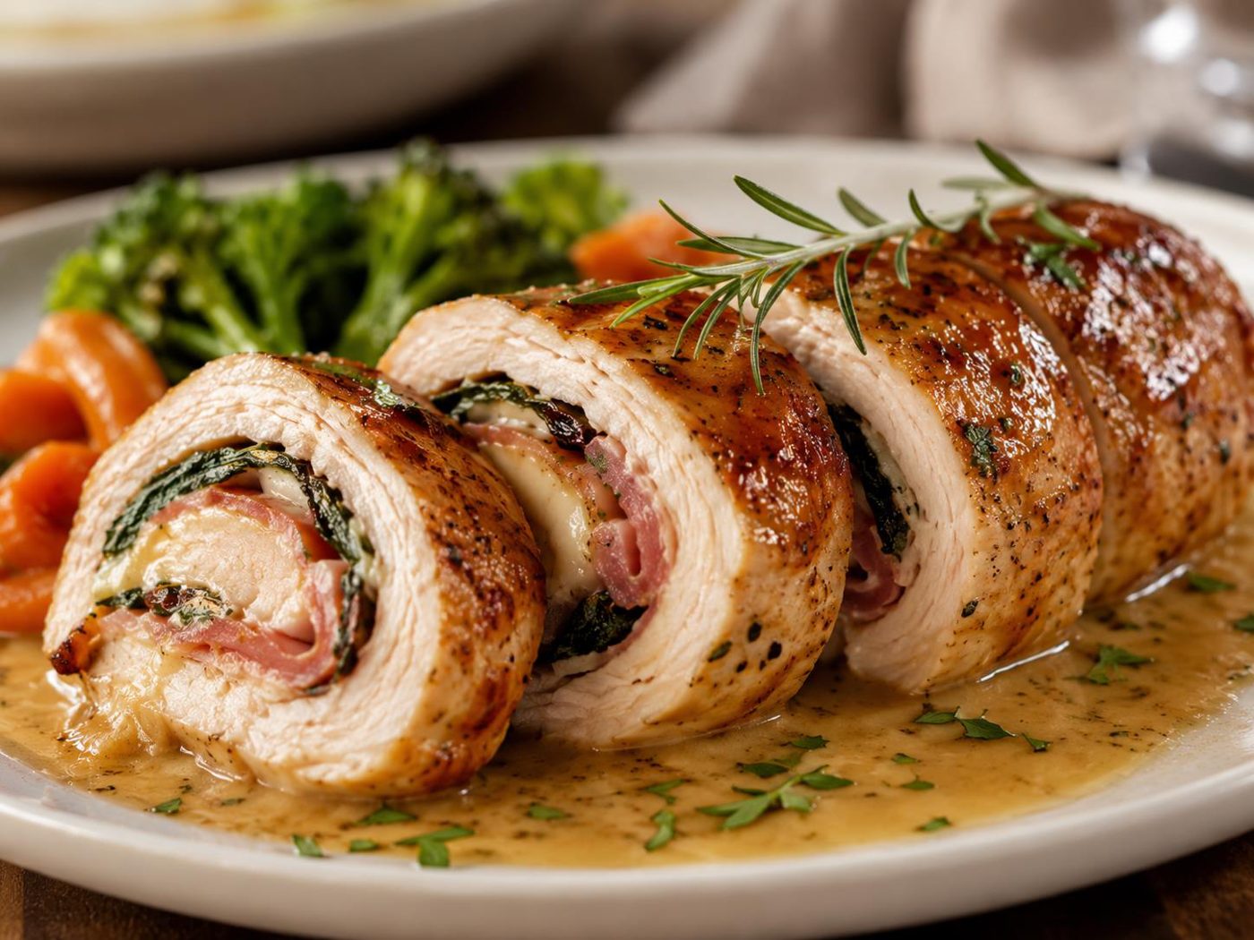 Rollo de pollo relleno preparado en demostración